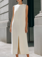 Sleeveless Round Neck Front Seam Slit Midi Shift Dress