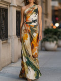 One-Shoulder Abstract Print Draped Maxi Dress