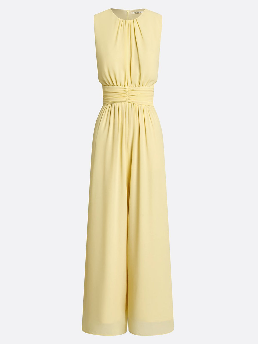 Women Yellow Chiffon Ruched Crew Neck Sleeveless Dressy Jumpsuit