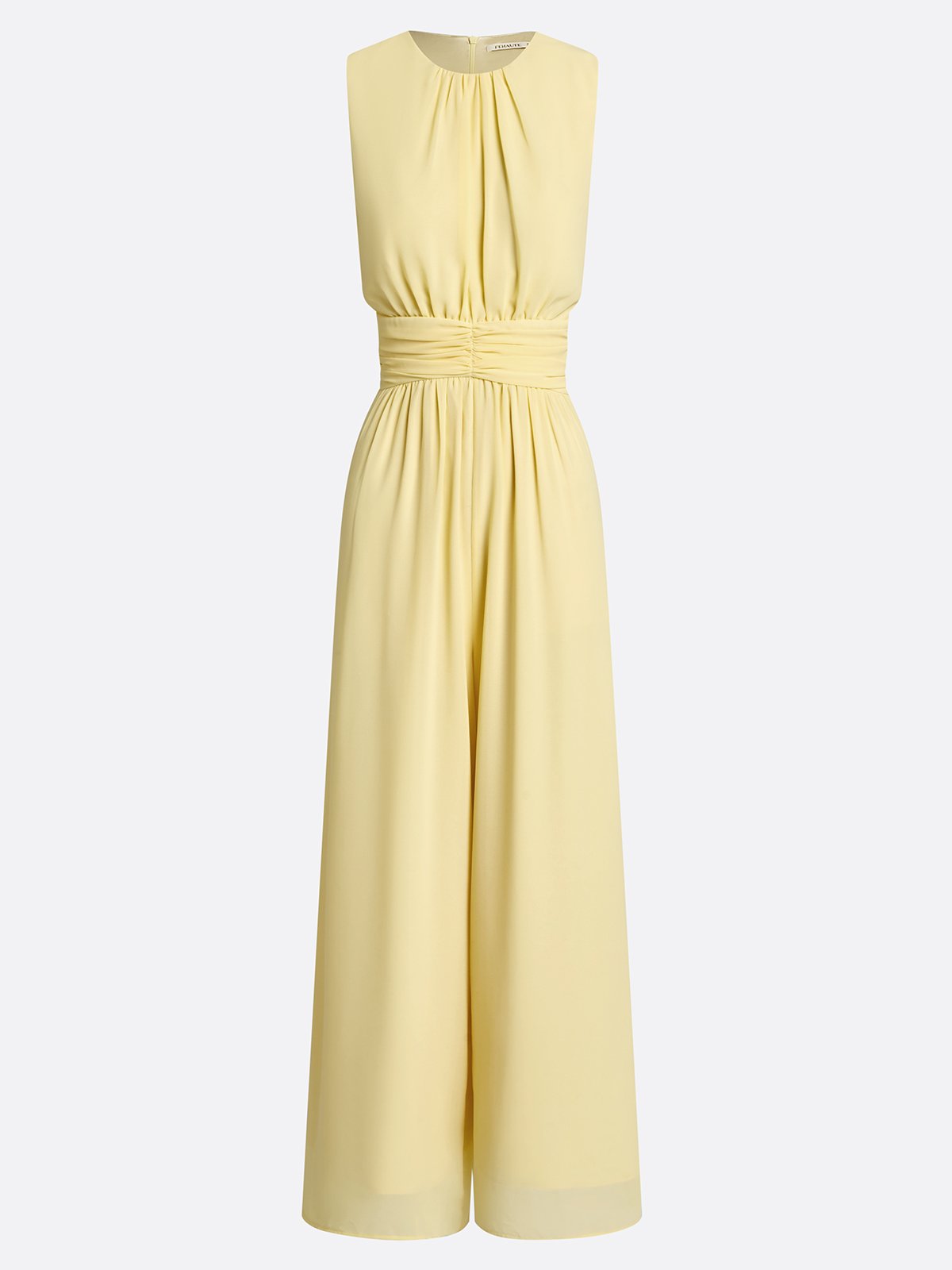 Women Yellow Chiffon Ruched Crew Neck Sleeveless Dressy Jumpsuit