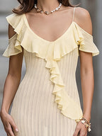 Ruffled Cold-Shoulder Knit Bodycon Midi Dress