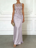Light Pink Embroidery Satin Crew Neck Sleeveless Sheath Gown Dress