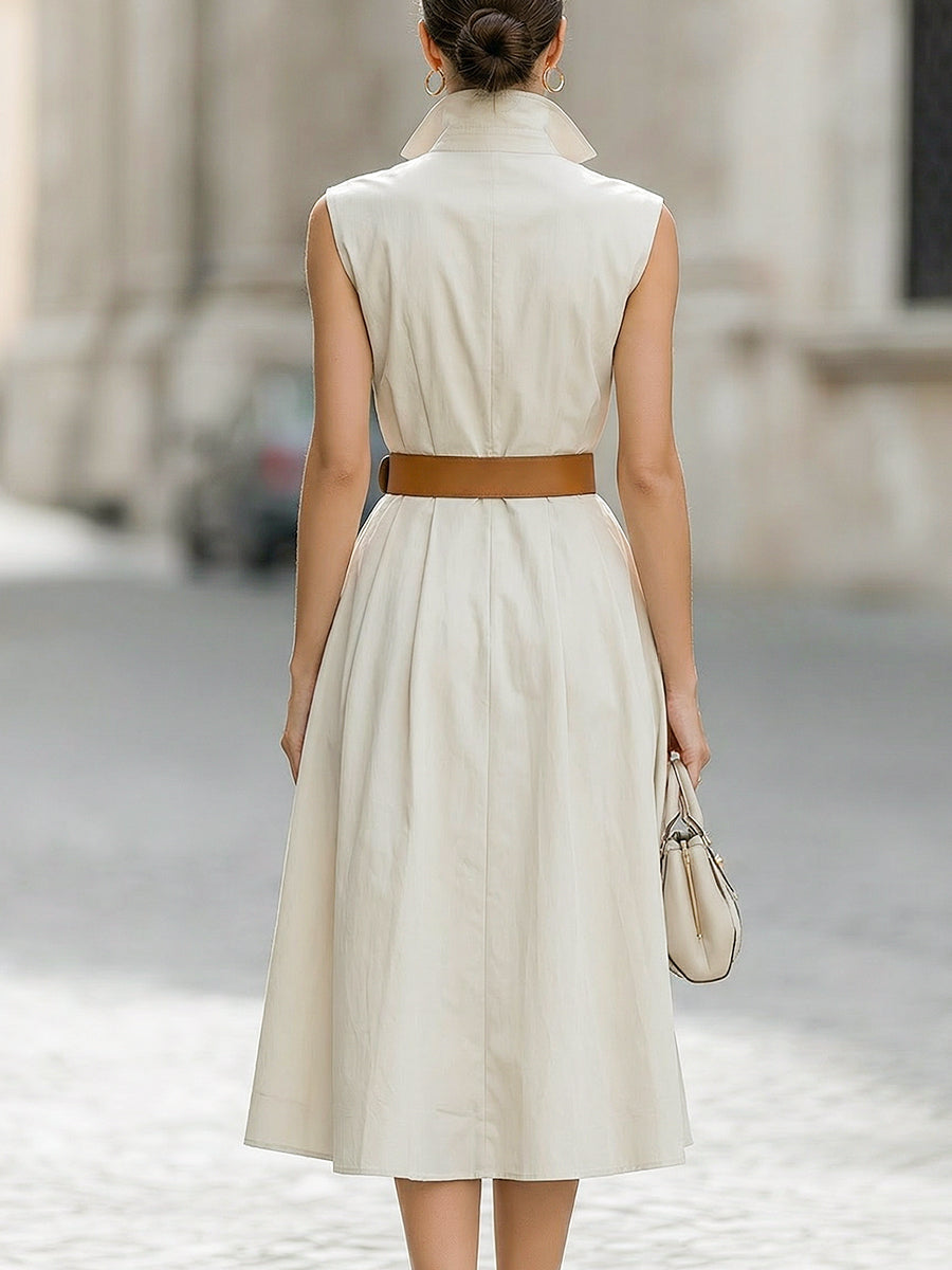 Sleeveless Stand Collar Belted Midi Dress With Brown Buttons