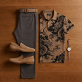 Men's Retro Brown & Black Printed Short-Sleeve Shirt And Trousers Two-Piece Set