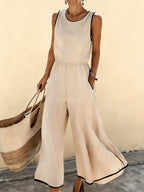 Women's Flowy Color-blocked Casual Sleeveless Cotton Linen Jumpsuit