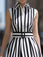 Striped Sleeveless Belted Elegant Dress