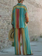 Stylish Artistic Striped Colorful Linen And Cotton Shirt And Pants Two-piece Set