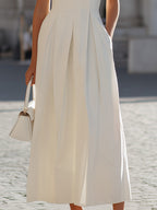 White Sleeveless V-Neck Pleated A-Line Maxi Dress With Pockets