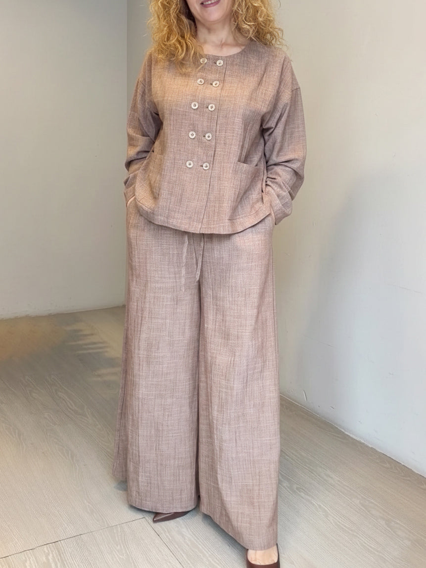 Elegant Button-up Shirt And Wide-leg Trousers Linen Set