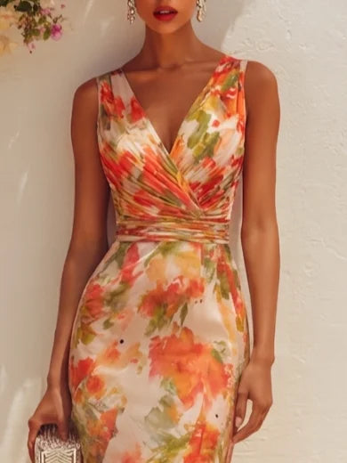 Orange Floral Chiffon V Neck Sleeveless Sheath Midi Dress