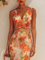 Orange Floral Chiffon V Neck Sleeveless Sheath Midi Dress