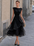Layered Organza Cap Sleeve A-Line Midi Dress