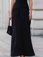 Black One Shoulder Ruched Waist Flowy Maxi Dress