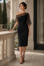 Sheer Overlay Asymmetrical One-Shoulder Midi Dress