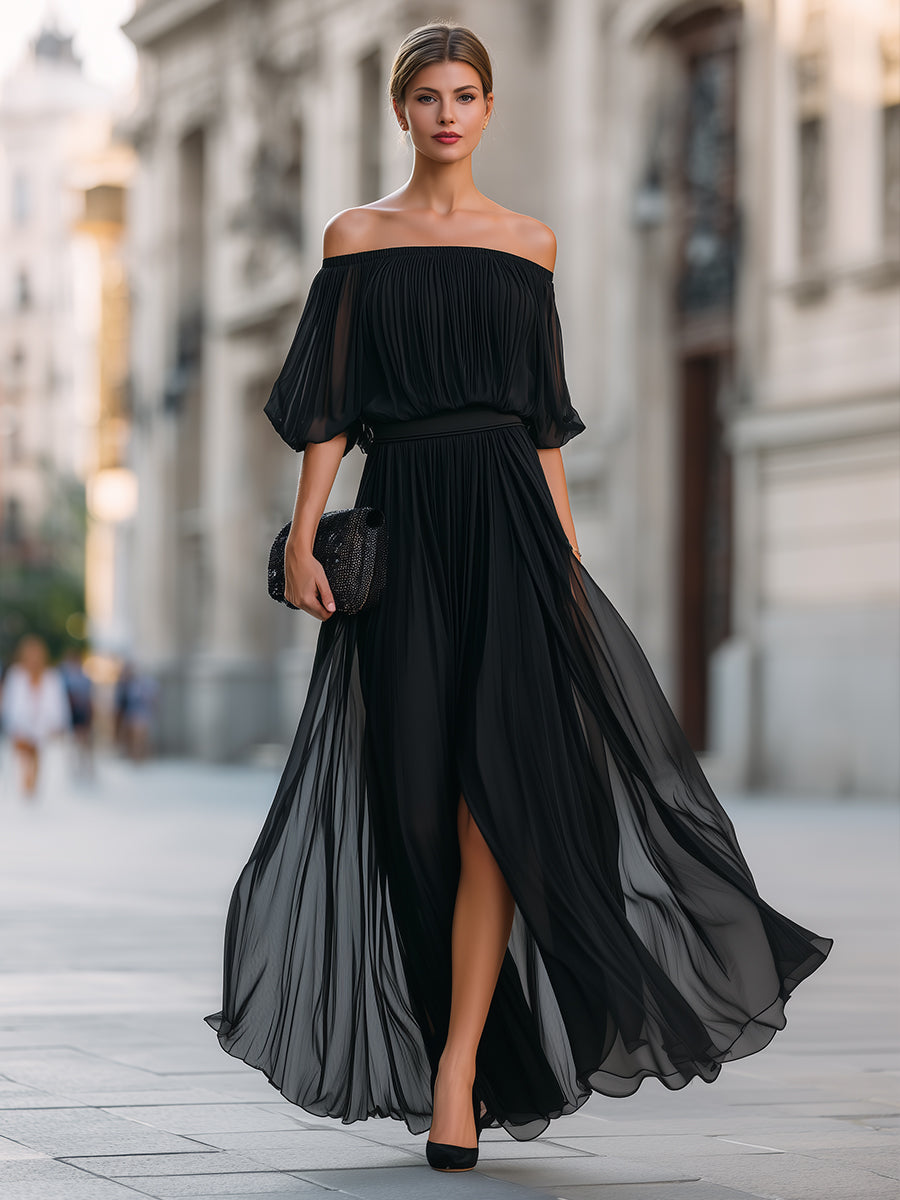Off-Shoulder Pleated Chiffon Maxi Dress