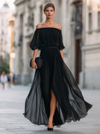 Off-Shoulder Pleated Chiffon Maxi Dress