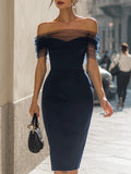 Off-Shoulder Sheer Mesh Sleeve Bodycon Midi Dress