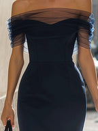 Off-Shoulder Sheer Mesh Sleeve Bodycon Midi Dress