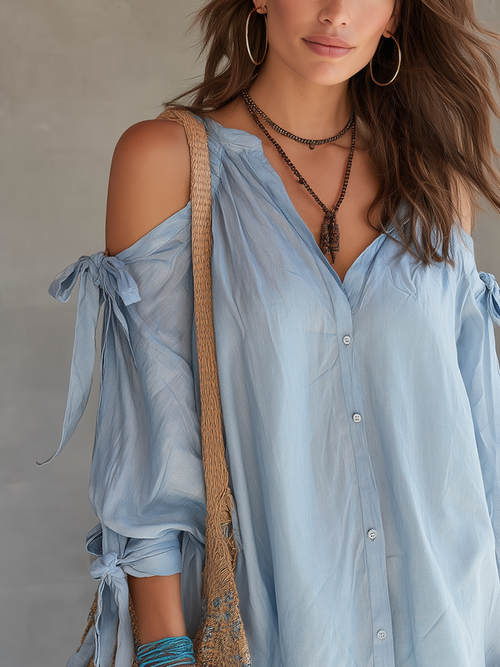 Bohemian Style Gray-blue Tie-front Cotton Shirt