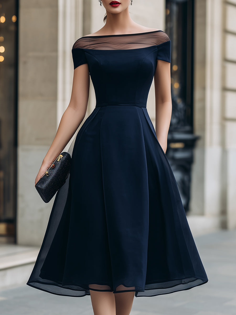 Off-Shoulder Illusion Mesh A-Line Midi Dress