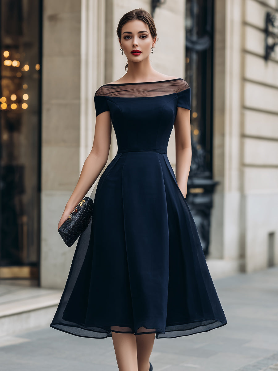 Off-Shoulder Illusion Mesh A-Line Midi Dress
