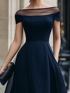 Off-Shoulder Illusion Mesh A-Line Midi Dress