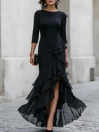 Three-Quarter Sleeve Asymmetric Ruffle Maxi Dress