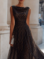 Cowl Neck Pleated Leopard-Print Maxi Dress