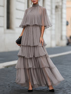 Tiered Pleated Cape Maxi Dress