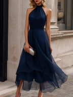 Navy Chiffon Halter Midi Dress With Layered Flow