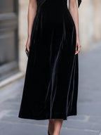 Sophisticated Velvet Midi Dress With Satin Shoulder Bow