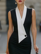 Contrast Lapel Sleeveless Sheath Midi Dress