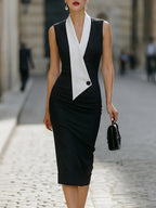 Contrast Lapel Sleeveless Sheath Midi Dress