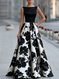 Sleeveless Boat Neck Floral Full Skirt Maxi Dress