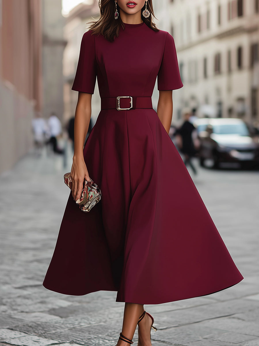 Short-Sleeve Belted A-Line Midi Dress