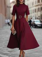 Short-Sleeve Belted A-Line Midi Dress