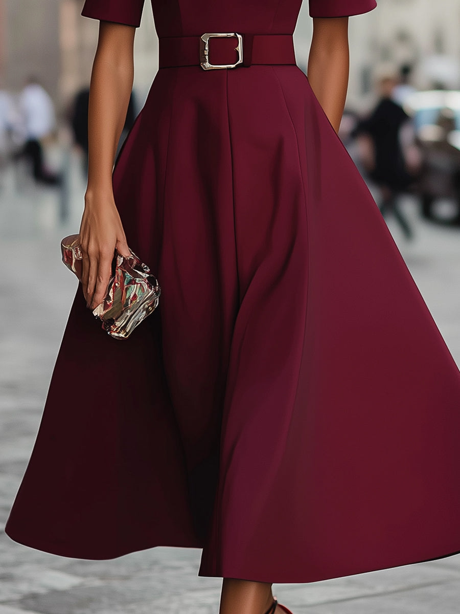 Short-Sleeve Belted A-Line Midi Dress
