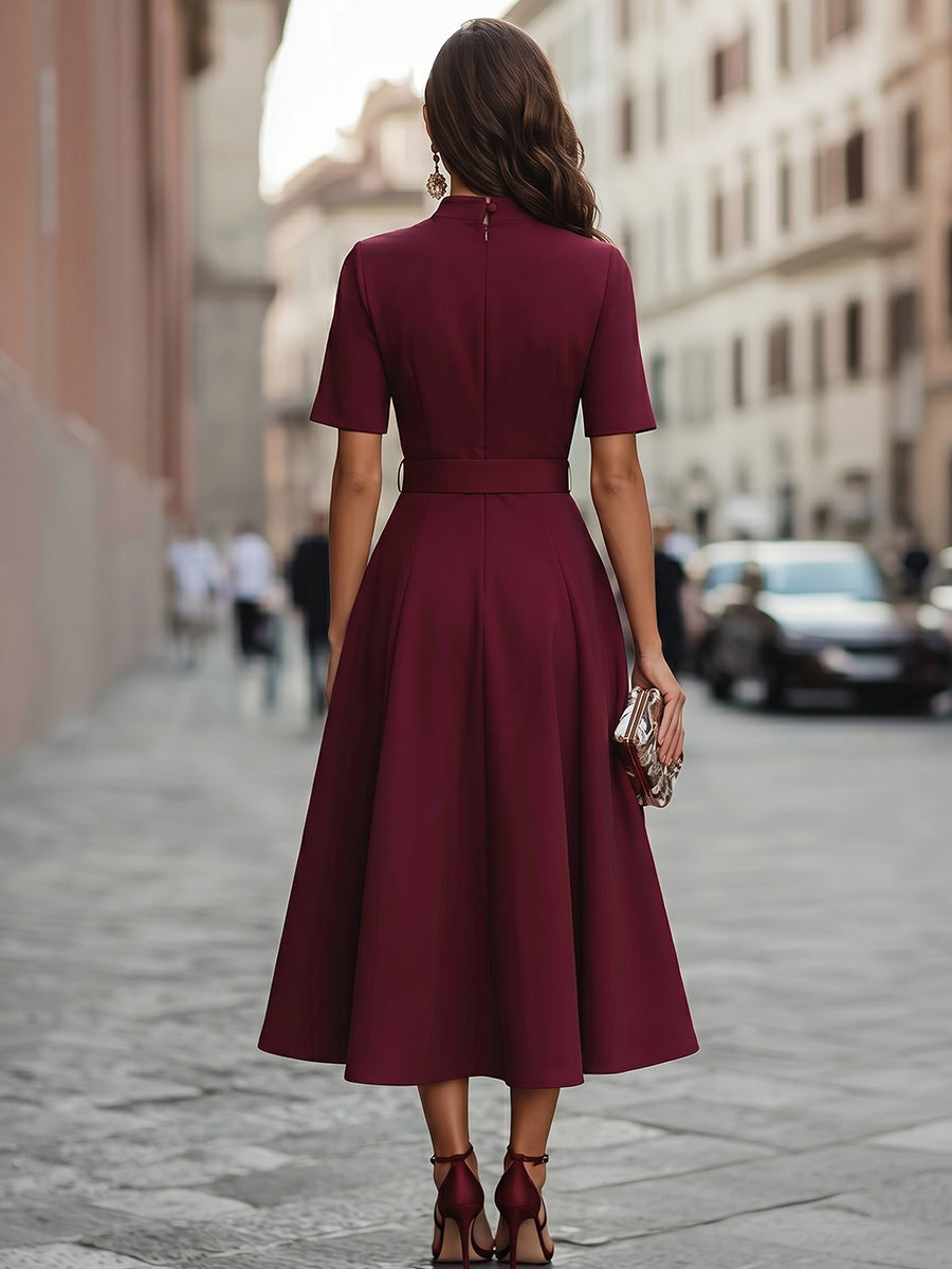 Short-Sleeve Belted A-Line Midi Dress