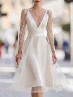 Pearl-Embellished Sheer Tulle Sleeve A-Line Midi Dress