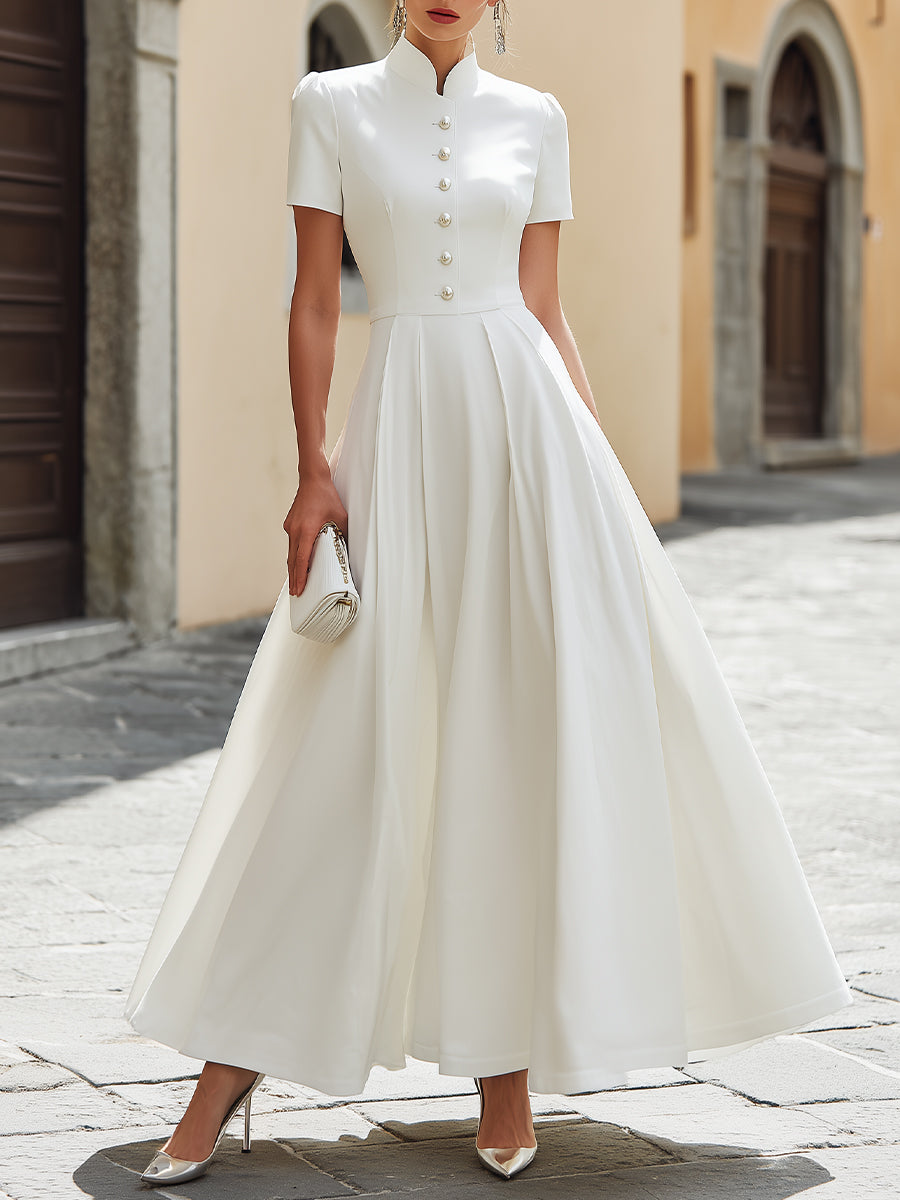 Pearl Button Mandarin Collar Maxi Dress