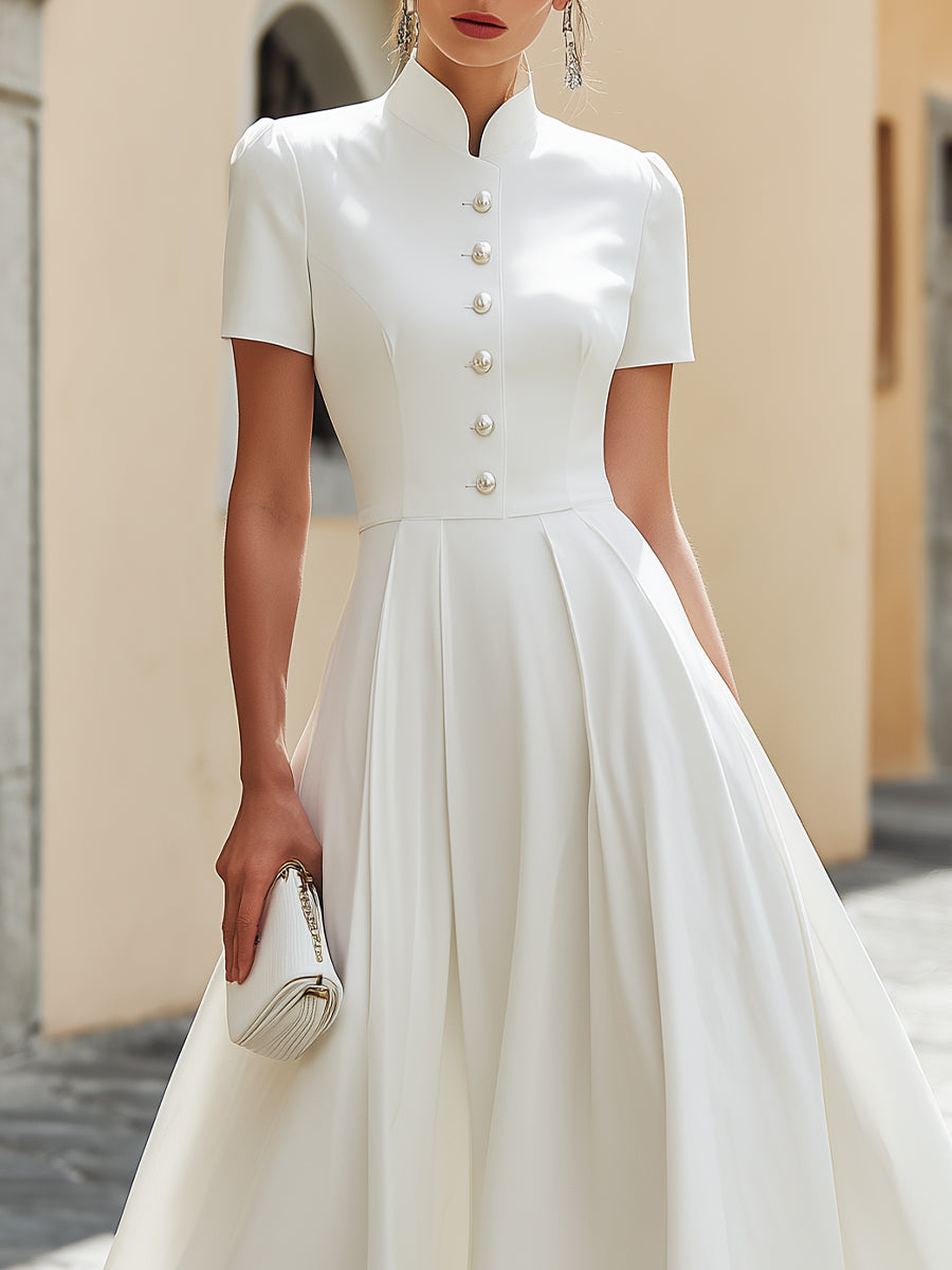 Pearl Button Mandarin Collar Maxi Dress