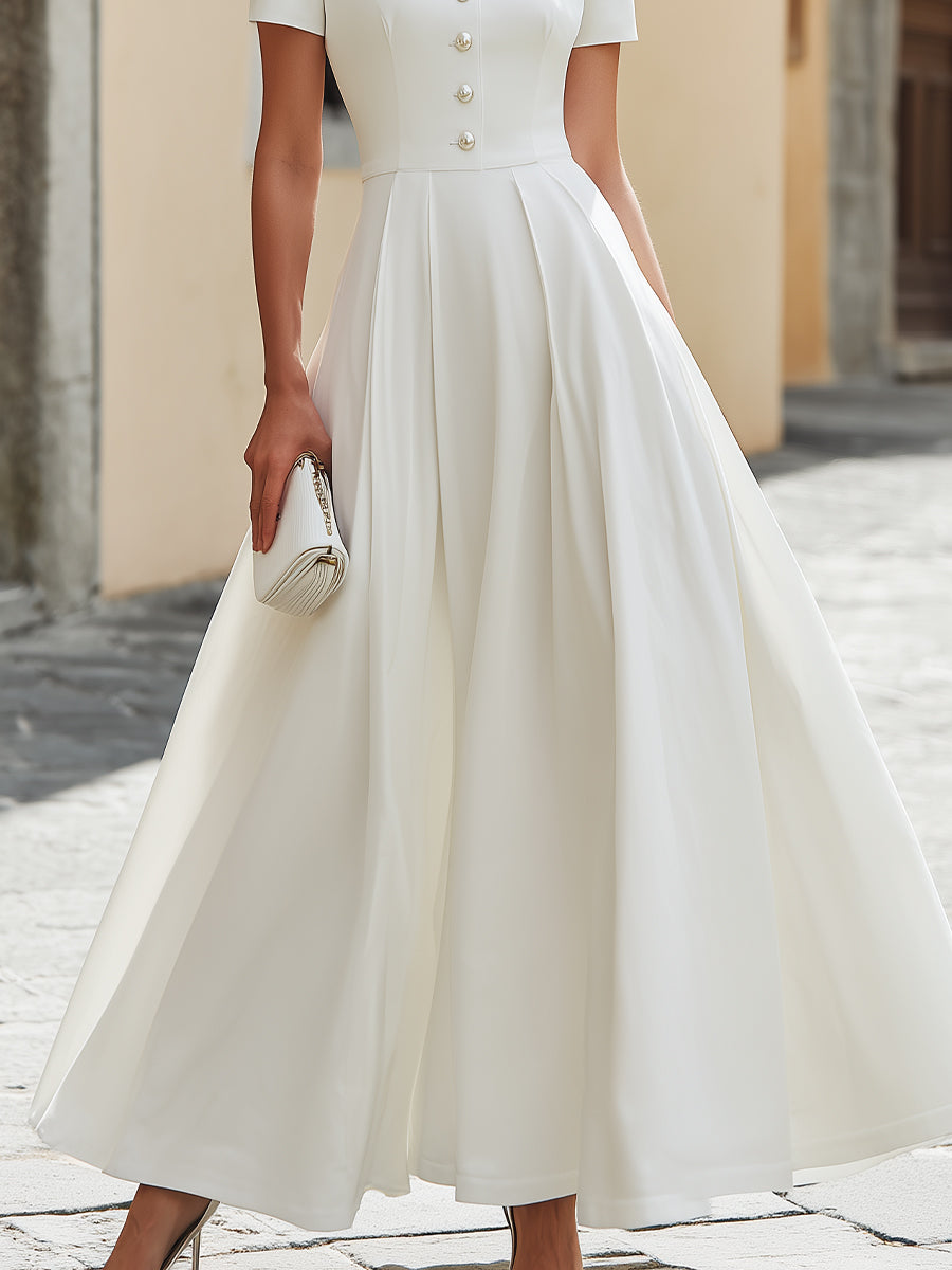 Pearl Button Mandarin Collar Maxi Dress