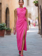 Sleeveless Asymmetrical Floral Accent Evening Gown