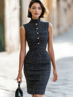 Sleeveless Gold-Button Tweed Sheath Dress