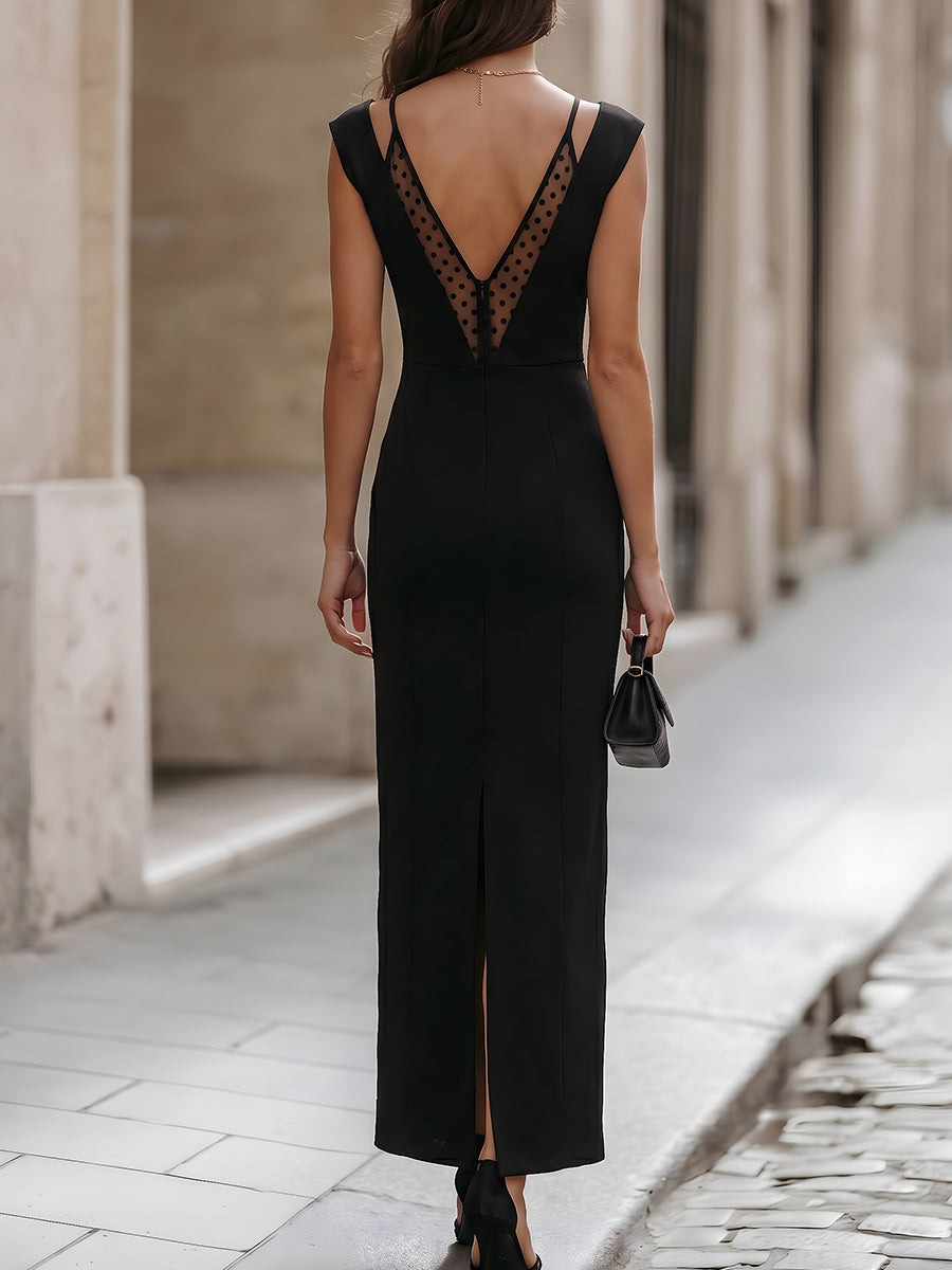 V-Neck Mesh Panel Evening Gown