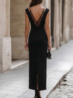 V-Neck Mesh Panel Evening Gown