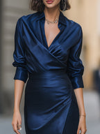 Satin Wrap Blouse & Lace-Trim Midi Skirt Set