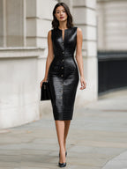 Croc-Embossed Vegan Leather Sleeveless Button-Front Pencil Midi Dress
