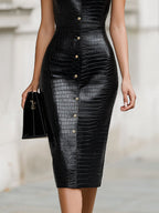 Croc-Embossed Vegan Leather Sleeveless Button-Front Pencil Midi Dress