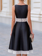 Elegant Lace Trim Fit-and-Flare Satin Midi Dress